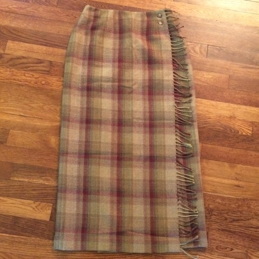 Talbots Long Plaid Fringe Wrap 100% Wool Skirt 6
